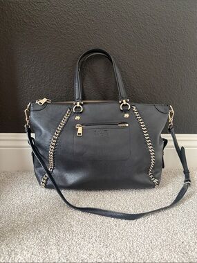 Coach Black Leather Tote with Silver Chain Detail